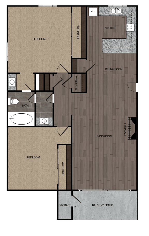 Two bedroom one full bathroom and kitchen rendered floorplan drawing. Includes private balcony/patio with storage and fireplace. Approximately 860 square feet.