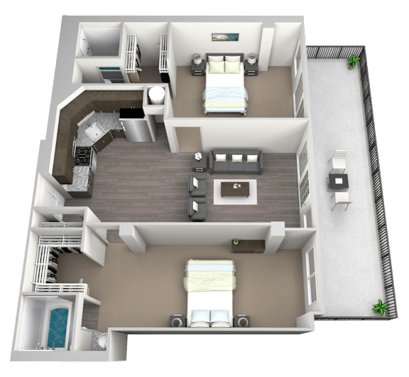 A 3D rendered image of a house layout with two bedrooms, a living room, a kitchen, and a bathroom.