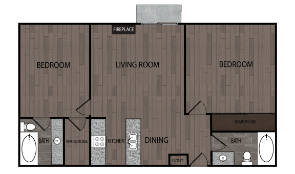 Rendered drawing of two bedroom and two full bathroom floor plan with private patio/ balcony. Approximately 745 square feet.