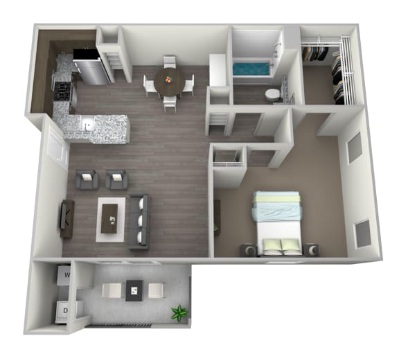 a stylized floor plan of a two bedroom apartment with two bathrooms and a balcony
