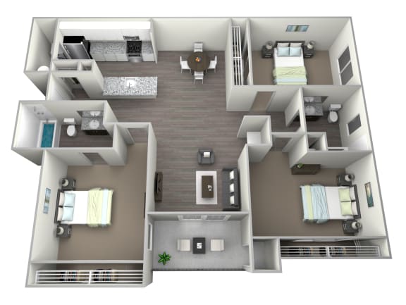 Floor Plan  3D rendered art of two bedroom two full bath with walk in closet, private patio/balcony with storage, and washer and dryer. Approximately 1198 square feet