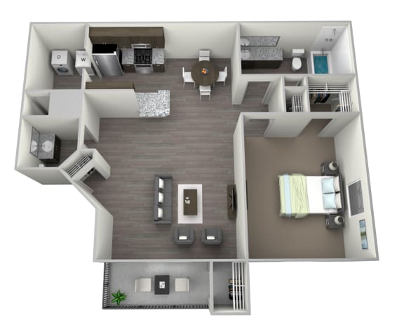 Rendered 3D floorplan of one bedroom one full bathroom and kitchen. With half bath in living area, washer and dryer included, private patio/ balcony with storage. Approximately 740 square feet.