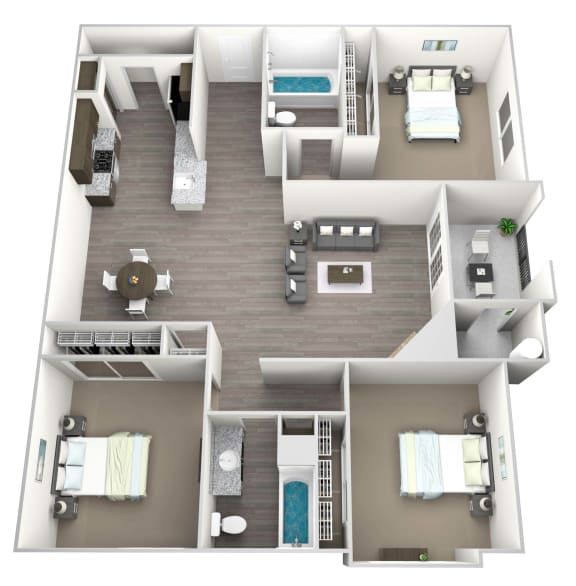 3D rendered drawing of three bedroom two full bathroom and kitchen floor plan with private patio/balcony with outside storage. Approximately 1368 square feet.