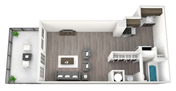 Floor Plan  A 3D rendered image of a modern apartment layout.