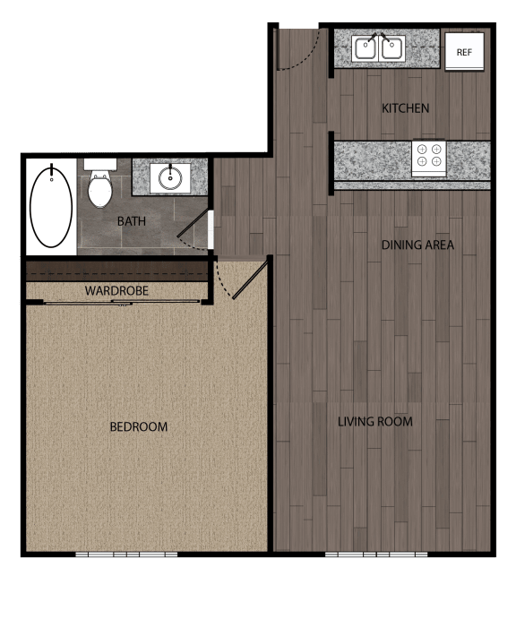 2D rendered drawing of one bedroom one full bathroom and kitchen floorplan. Approximately 513 square feet.
