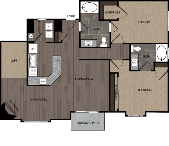 rendered drawing of two bedroom two full bathroom and kitchen with private patio/balcony. Approximately 1655 square feet
