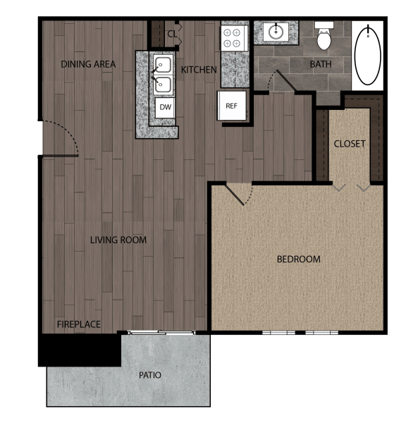 Rendered drawing of one bedroom and one full bathroom and kitchen floor plan with private patio/balcony - approximately 600 square feet