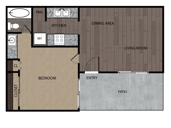 Rendered drawing of one bedroom and one full bathroom and kitchen floor plan with patio/balcony - approximately 500 square feet