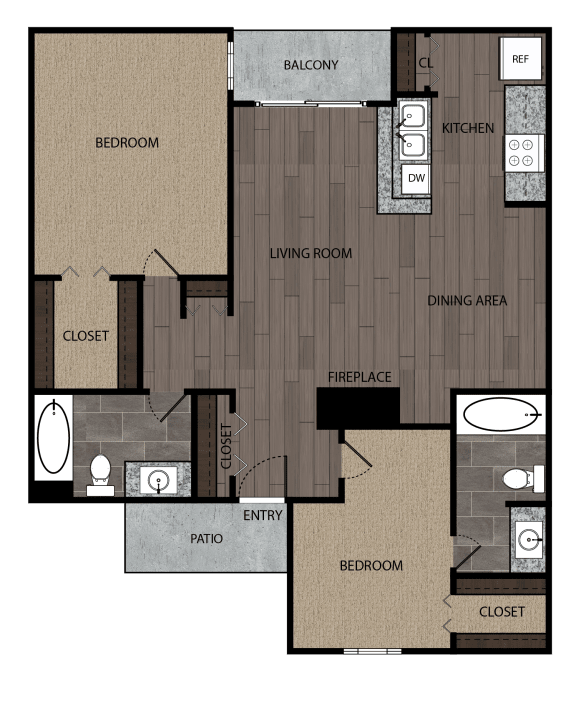 Rendered drawing of two bedroom and two full bathroom and kitchen floor plan with private patio/balcony - approximately 900 square feet