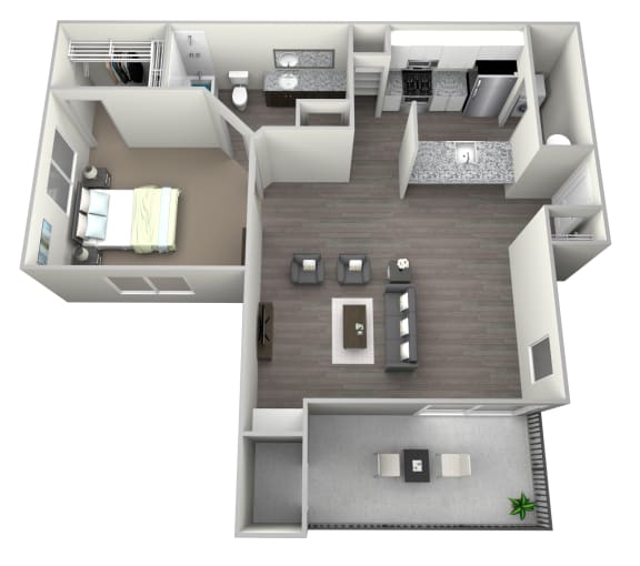 3D rendered art of one bedroom one full bath with walk in closet, private patio/balcony with storage, and washer and dryer. Approximately 862 square feet
