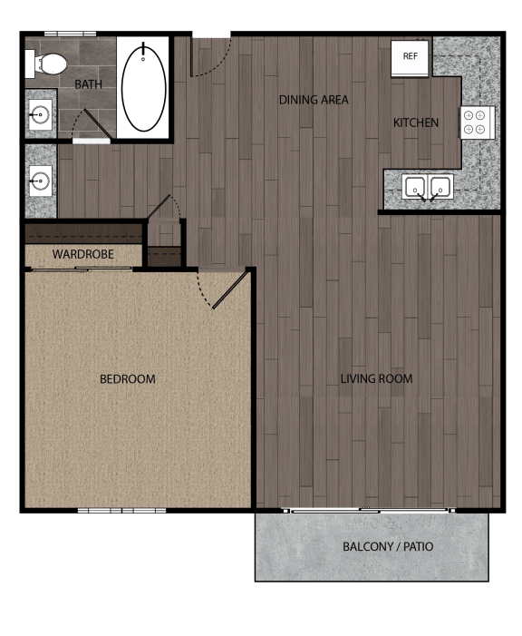 Rendered drawing of one bedroom one full bathroom and kitchen with private patio/balcony. Approximately 669 square feet.