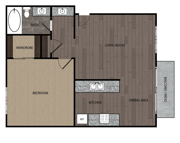 Rendered drawing of one bedroom one full bathroom and kitchen with private patio/balcony. Approximately 613 square feet.