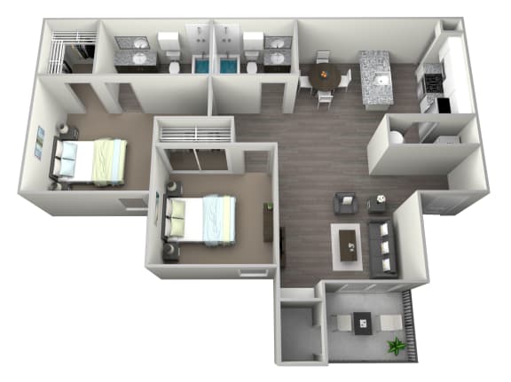 3D rendered art of two bedroom two full bath with walk in closet, private patio/balcony with storage, and washer and dryer. Approximately 1066 square feet