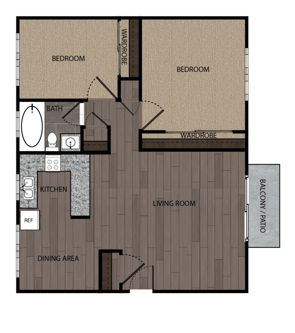 Rendered drawing of two bedroom one full bathroom and kitchen floorplan with private patio/balcony. Approximately 872 square feet