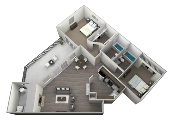 3D rendered drawing of a Two bedroom Two full bathroom floorplan with full kitchen, private patio-balcony, and washer and dryer connections. Approximately 990 square feet.