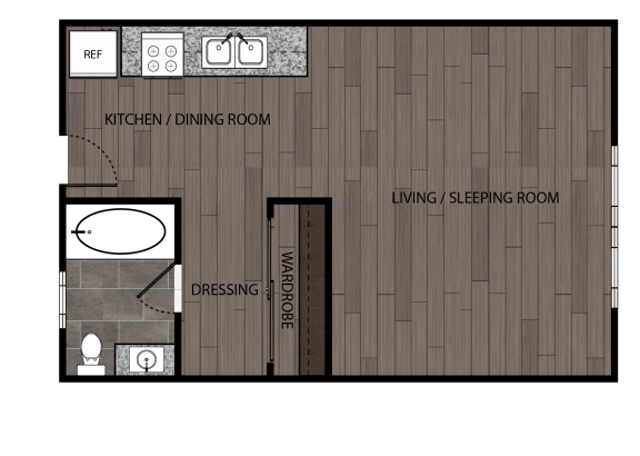 Rendered drawing of studio and one full bathroom and kitchen. Approximately 422 square feet.