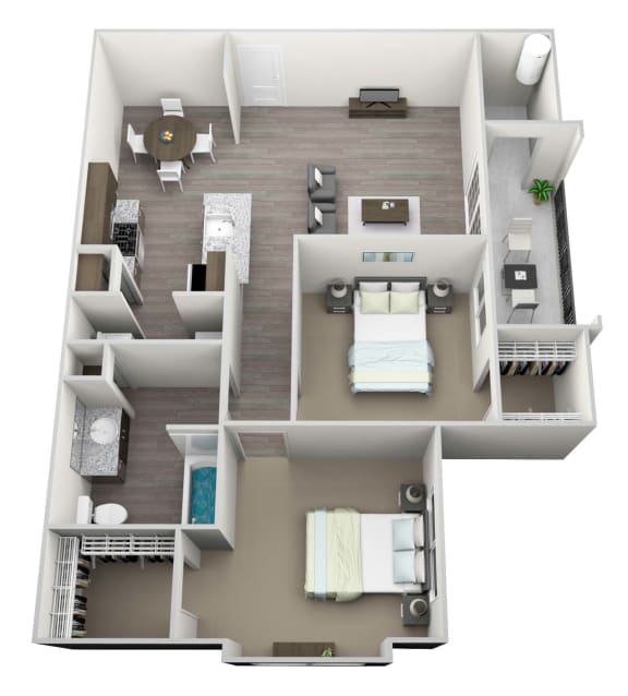 3D rendered drawing of two bedroom one full bathroom and kitchen floor plan with private patio/balcony with outside storage. Approximately 1035 square feet.