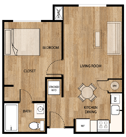 one bedroom one bath floorplan at Parks Residential - Denver, Colorado, 80111
