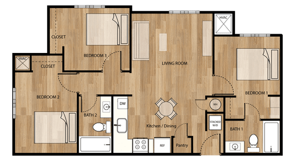 Three bedroom two bathroom floorplan at Parks Residential - Denver, Centennial, CO
