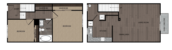 Rendered drawing of two bedroom one full bathroom and kitchen town house floorplan with private patio/balcony. Approximately 972 square feet