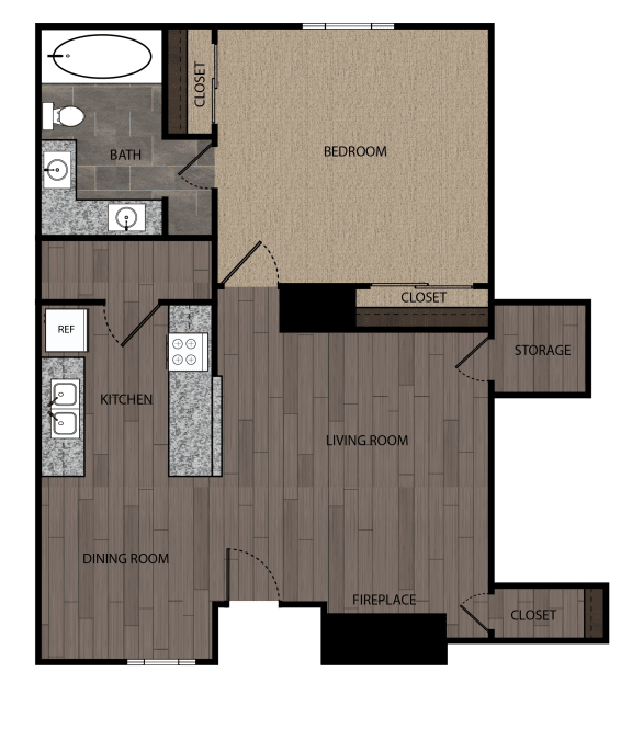 Rendered drawing of one bedroom one full bathroom and kitchen. Approximately 744 square feet.