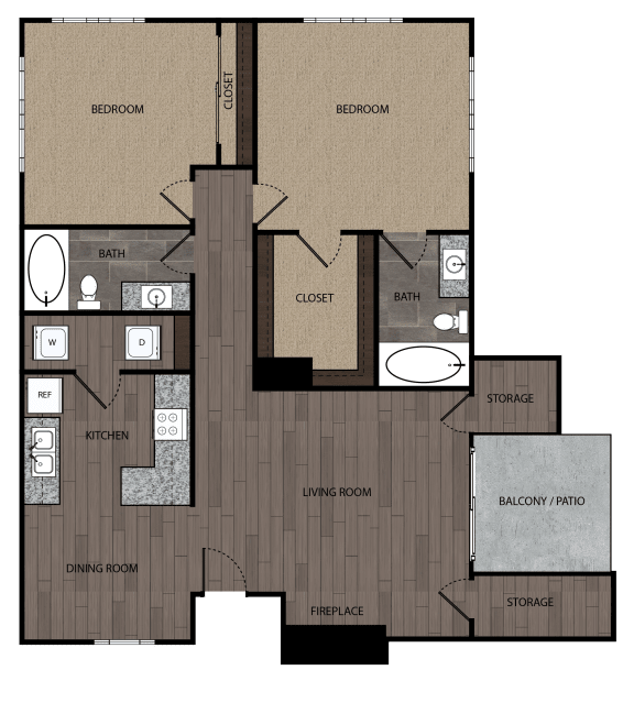 Rendered drawing of two bedroom two full bathroom and kitchen. Approximately 1029-1044 square feet.