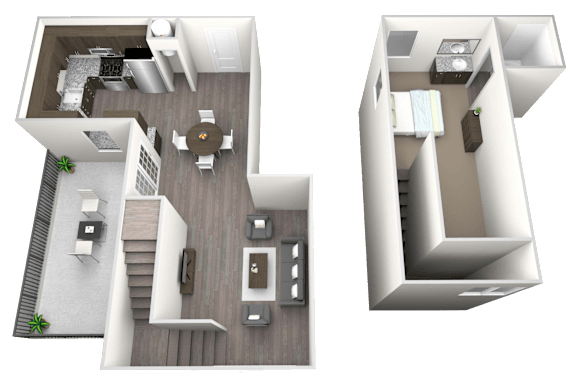 A 3D floor plan of a two-bedroom apartment with a living room, kitchen, and bathroom.