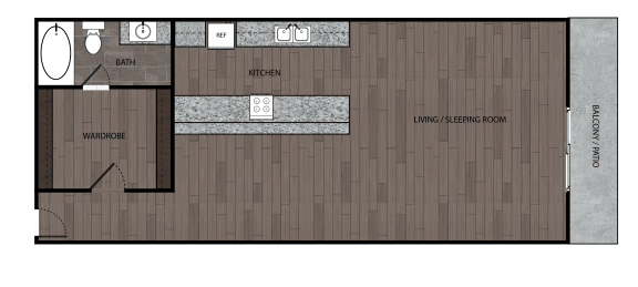2D rendered drawing of studio and one full bathroom and kitchen floorplan with walk in wardrobe. Approximately 448 square feet.