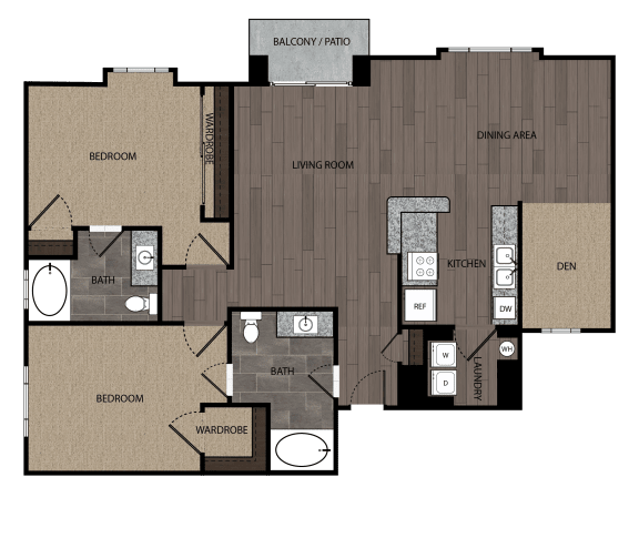 rendered drawing of two bedroom two full bathroom and kitchen with private patio/balcony. Approximately 1436 square feet