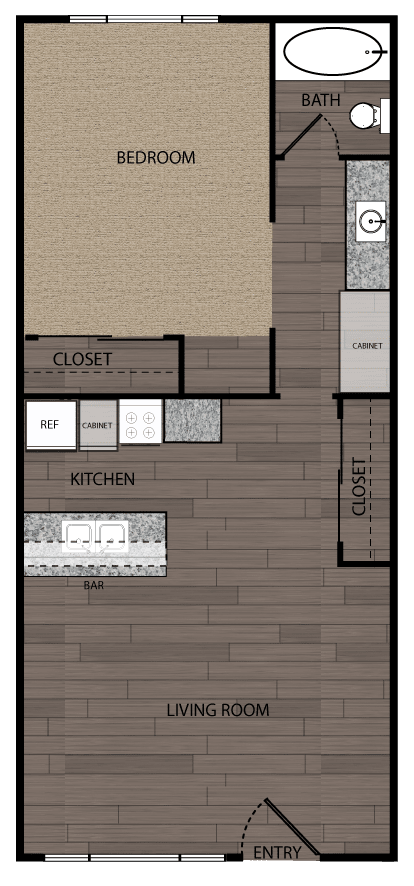 A floor plan of a house with a bedroom, living room, kitchen, and bathroom.