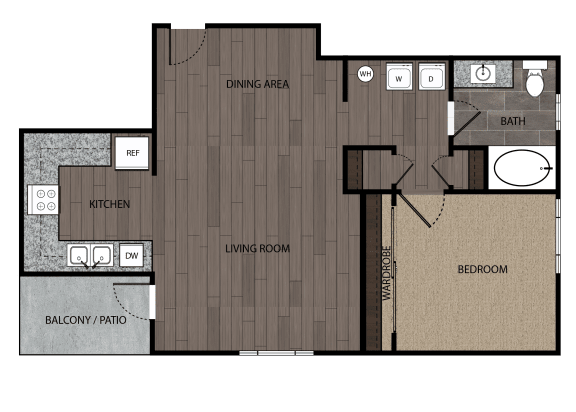 rendered drawing of one bedroom one full bathroom and kitchen with private patio/balcony. Approximately 843 square feet