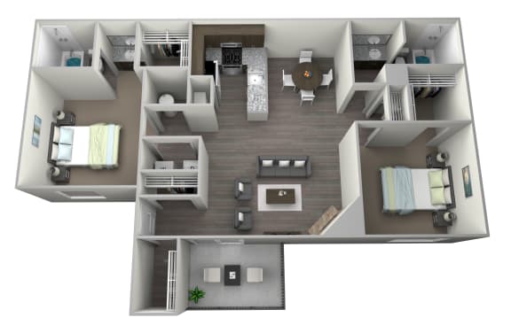 Floor Plan  Rendered 3D floorplan of two bedroom two full bathroom and open kitchen. With washer and dryer included, large indoor storage closet, private patio/ balcony. Approximately 1010 square feet.