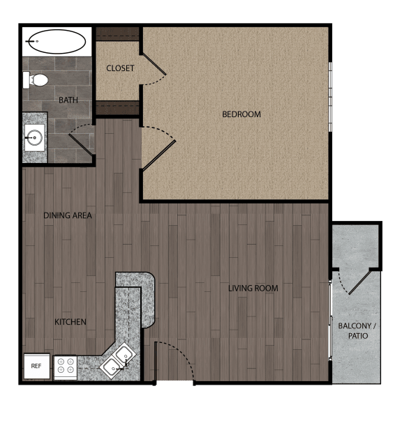 Rendered drawing of one bedroom one full bathroom and kitchen floorplan with private patio/balcony. Approximately 577 square feet.