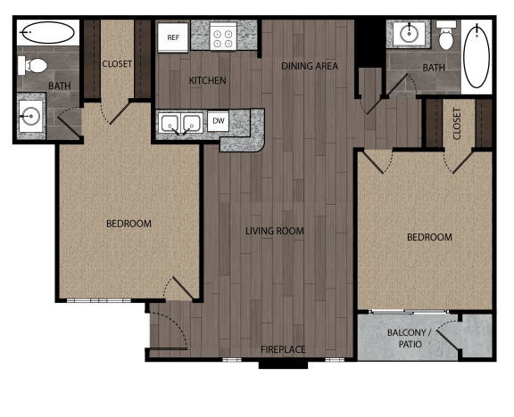 Rendered drawing of two bedroom two full bathroom and kitchen floorplan with private patio/balcony. Approximately 884 square feet.