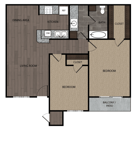 Rendered drawing of two bedroom one full bathroom and kitchen floorplan with private patio/balcony. Approximately 850 square feet.