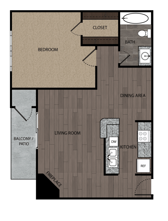 Rendered drawing of one bedroom one full bathroom and kitchen floorplan with private patio/balcony. Approximately 662 square feet.