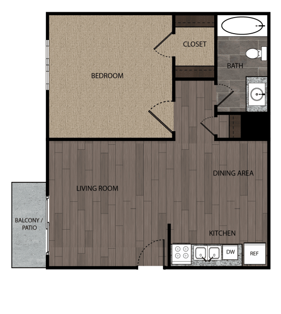 Rendered drawing of one bedroom one full bathroom and kitchen floorplan with private patio/balcony. Approximately 518 square feet.