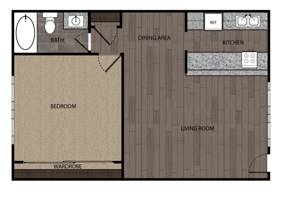 2D rendered drawing of one bedroom one full bathroom and kitchen floorplan. Approximately 506 square feet.
