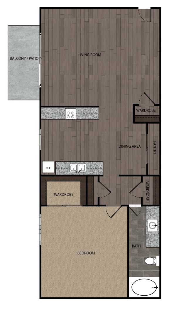 2D rendering of one bedroom one full bathroom floor plan featuring private patio. Approximately 627 square feet.