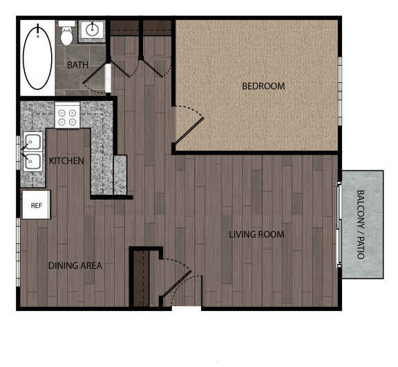 Rendered drawing of one bedroom one full bathroom and kitchen floorplan with private patio/balcony. Approximately 648 square feet