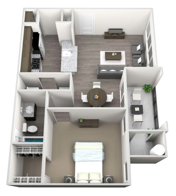 3D rendered drawing of one bedroom one full bathroom and kitchen floor plan with private patio/balcony with outside storage. Approximately 829 square feet.