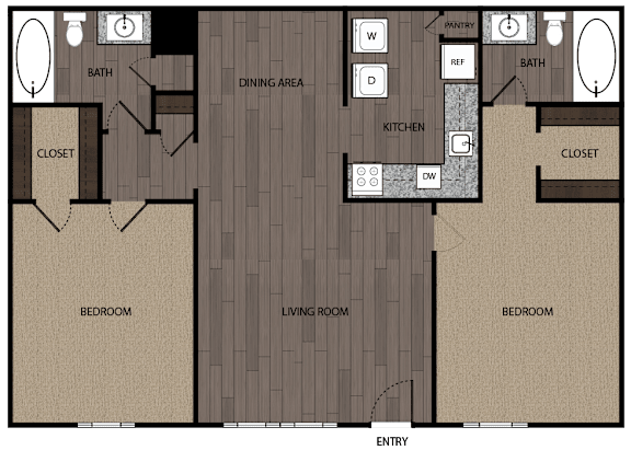 A floor plan of a house with a living room, dining area, kitchen, and two bedrooms.
