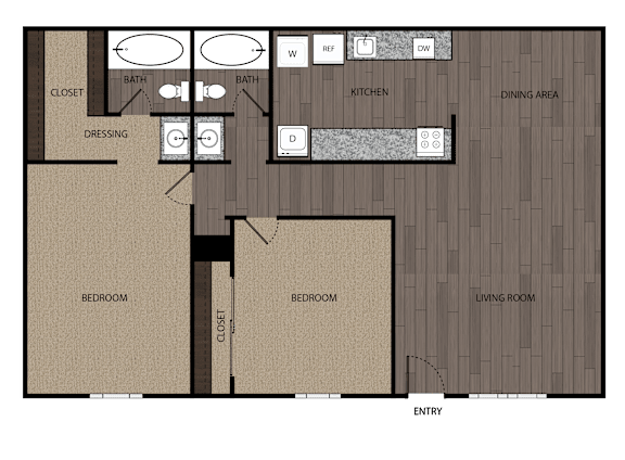 A floor plan of a house with two bedrooms, a living room, a dining area, a kitchen, a bathroom, a dressing area, and a closet.