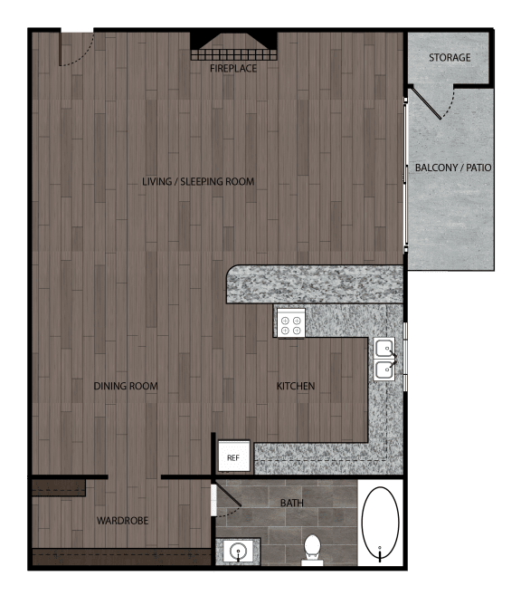 Studio and one full bathroom and kitchen rendered floorplan drawing. Includes private balcony/patio with storage and fireplace. Approximately 480 square feet.