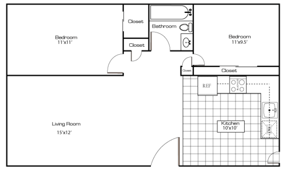 @ bedroom One Bathroom apartment floorplan at Sutter Apartments