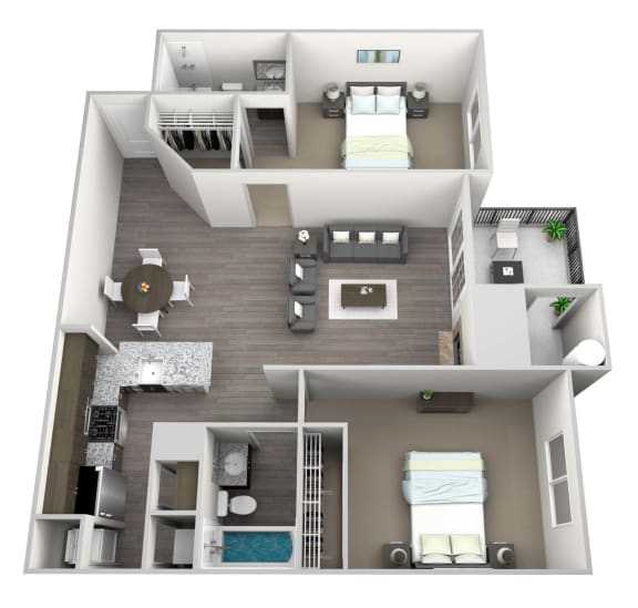 Floor Plan  3D rendered drawing of two bedroom two full bathroom and kitchen floor plan with private patio/balcony with outside storage. Approximately 1106 square feet.