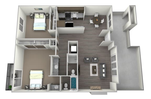3D rendered furnished drawing of two bedroom and two full bathroom and kitchen floorplan with private balcony. Approximately 1136 square feet