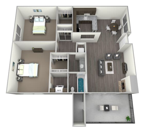 3D rendered furnished drawing of two bedroom and one full bathroom and kitchen floorplan with private balcony. Approximately 1066 square feet