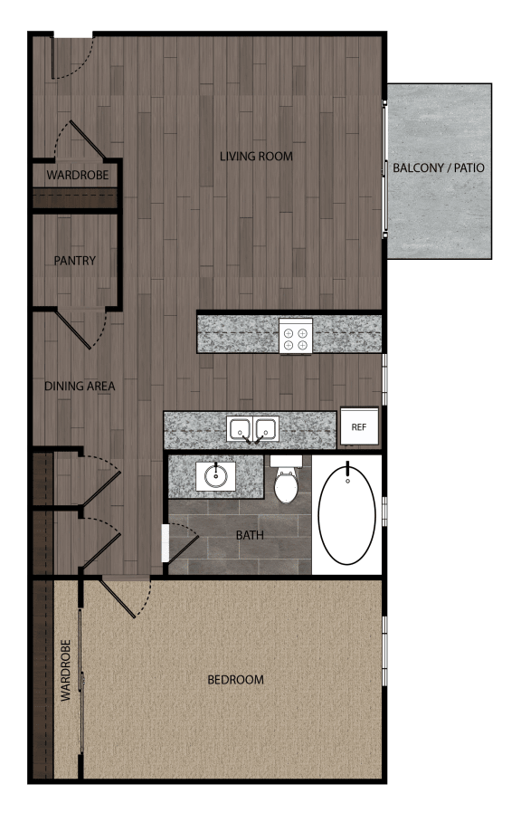 2D rendering of one bedroom one full bathroom floor plan featuring private patio. Approximately 592 square feet.