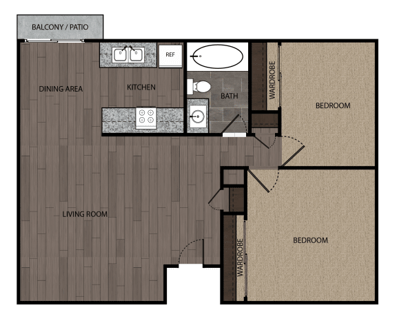 Floor Plan  Rendered drawing of two bedroom one full bathroom and kitchen floorplan with private patio/balcony.. Approximately 840 square feet.